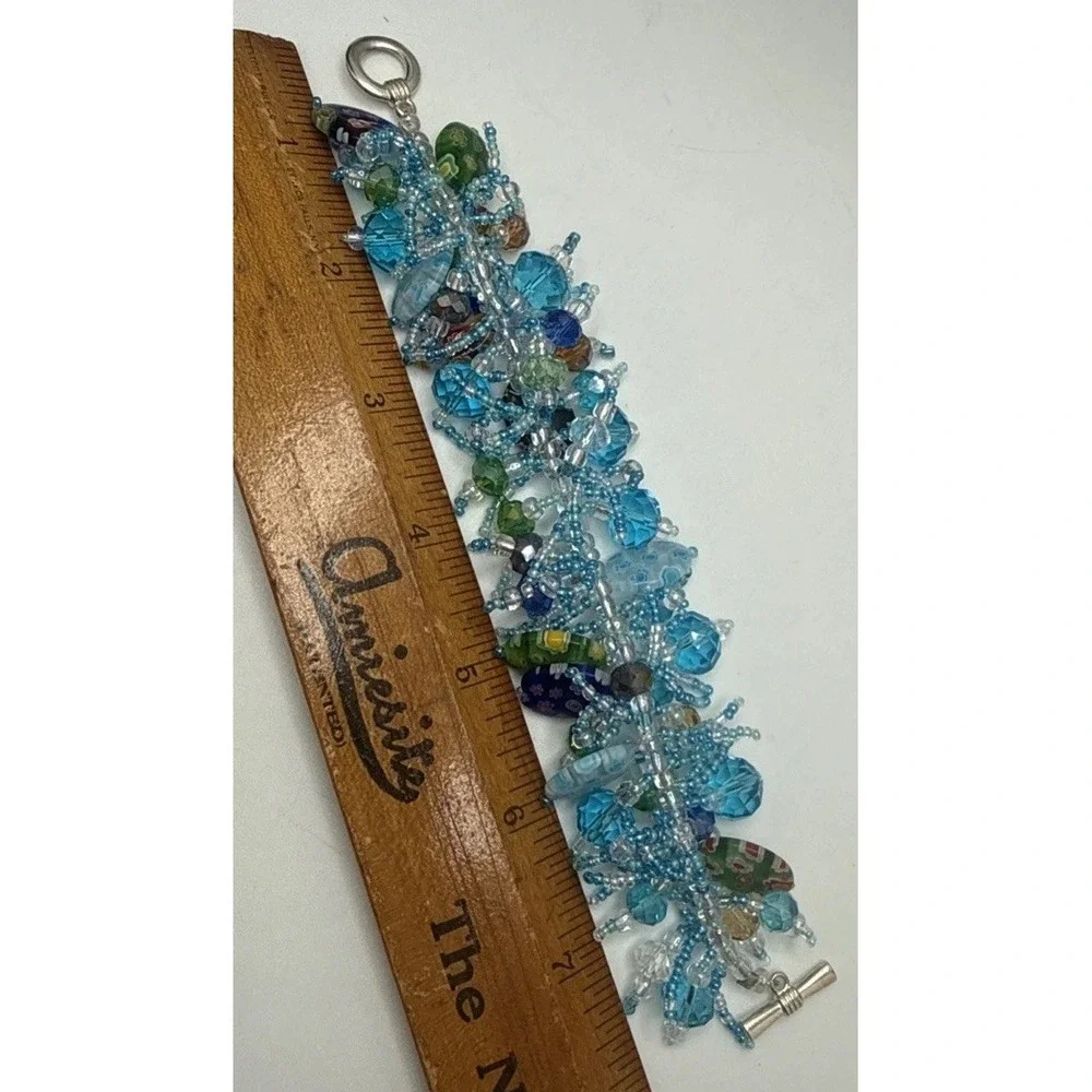 Vintage Murano Millefiori Glass Bead Cluster Bracelet Shaggy Loop Boho Teal Blue